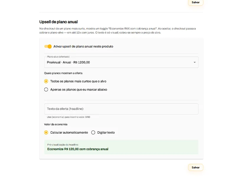 Configuração de upsell de plano anual