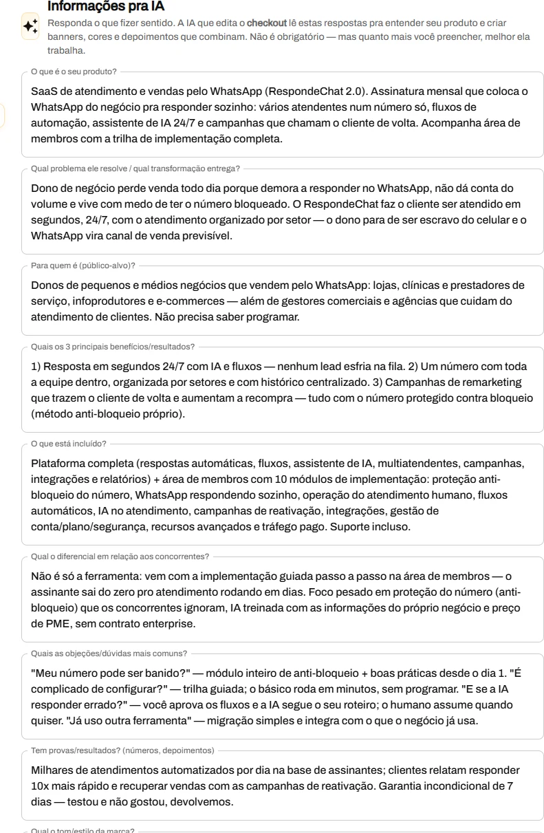 Formulário de informações do produto para a IA