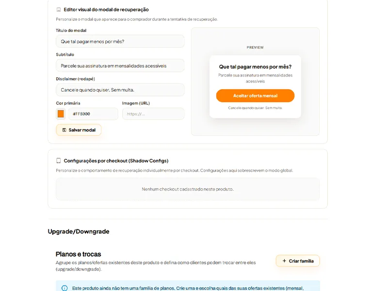 Editor visual do modal de recuperação